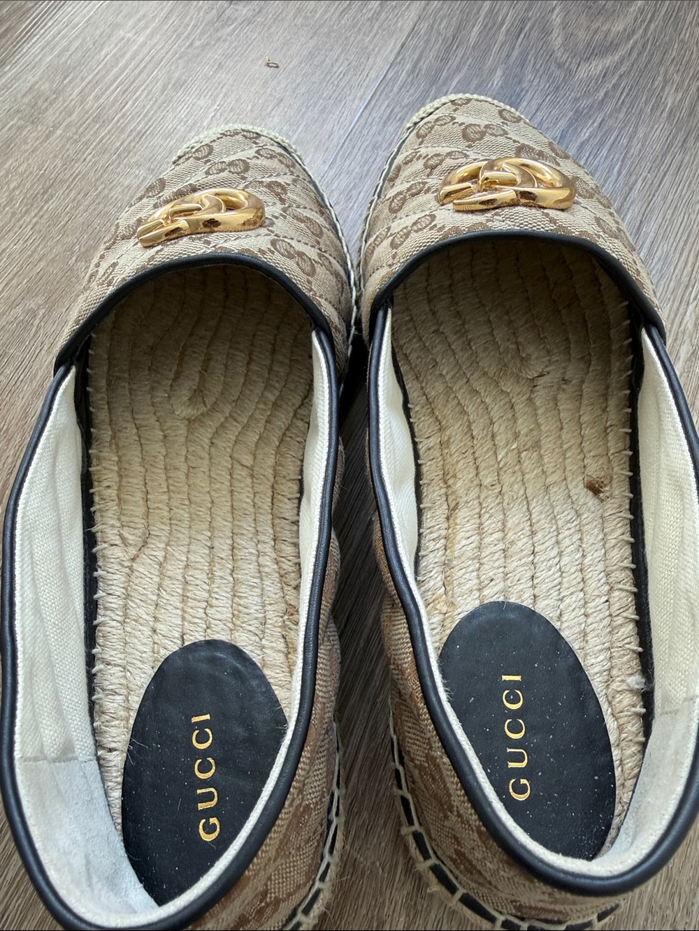 Gucci Brown Beige GG Canvas Espadrille Flats with Gold Double G - Picture 5 of 7